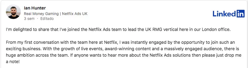 Captura de tela do perfil de Ian no LinkedIn