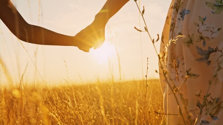 Slow motion shot of mother and her young daughter holding hands while walking in the tall fescue grass at golden hour. Shoot in 8K resolution.